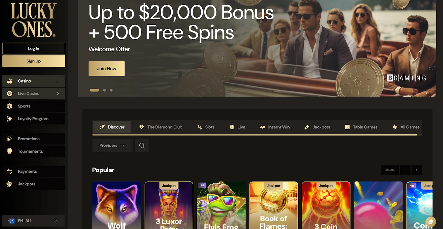 LuckyOnes casino frontpage showing welcome offer, popular online pokies and site navigation